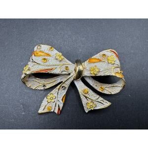 Signed BSK Enamel Rhinestone Bow Gold Tone Ribbon Yellow Flowers Brooch Pin